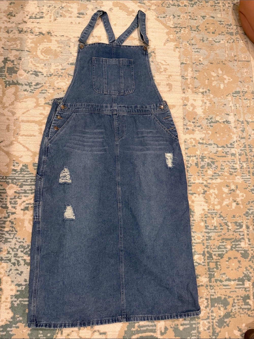 Denim Overall Skirt - Blue Distressed Women Jeans Dress